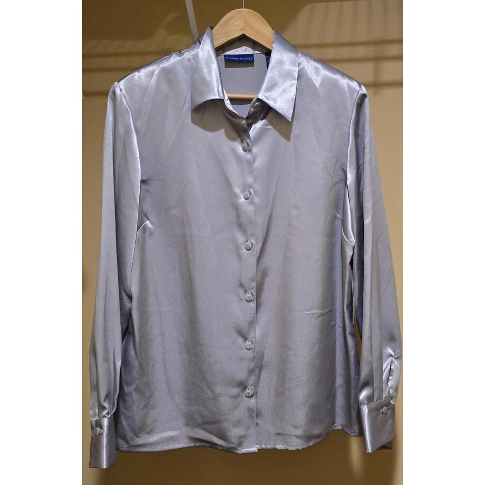 Karen Scott Size L Women's Blouse Long Sleeve Button Up Silver Career Casual